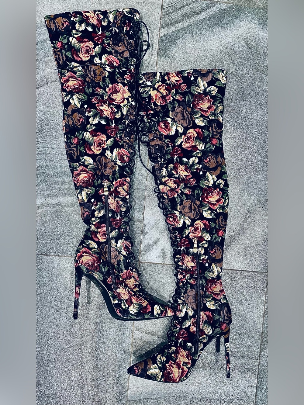 Dolls Kill Dolls Kill Floral Tapestry Lace Up Over The Knee Stiletto Boots 7.5